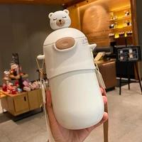 500ml new kawaii bear thermos bottle cute kids straw water bottle insulated stainless steel student girls thermal drink bottles