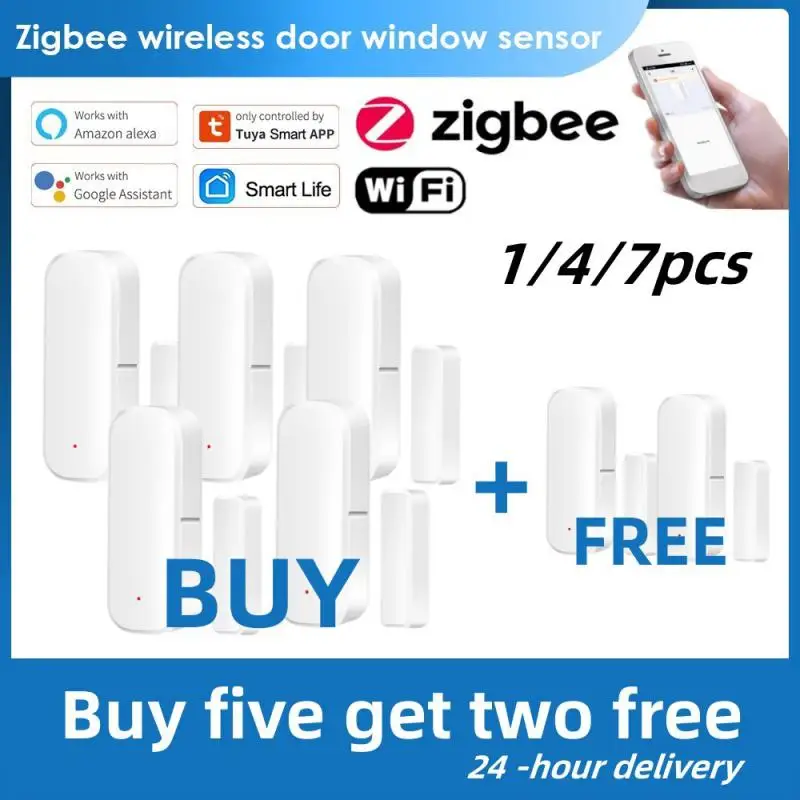 

1/4/7pcs Tuya Smart ZigBee/WiFi Door Window Contact Sensor Smart Home Wireless Door Detectors Open/Close APP Remote Alarm