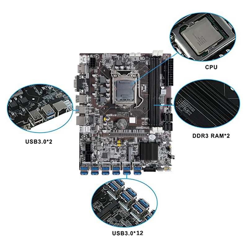 

B75 12 Card BTC Mining Motherboard+G1630 CPU+Fan+Thermal Grease+SATA Cable+Switch Line 12 USB3.0 Slot LGA1155 DDR3 MSATA