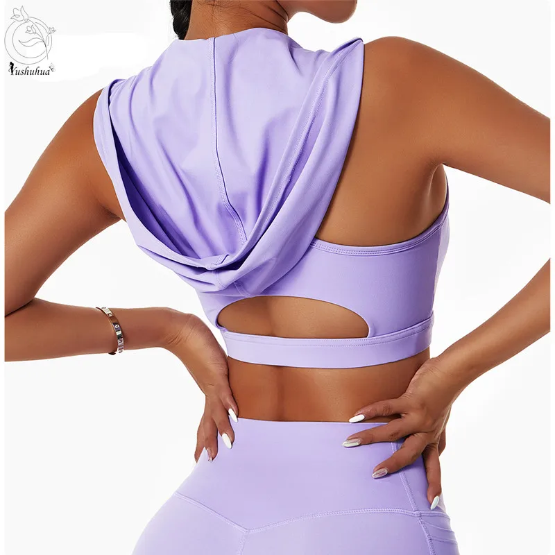 Yushuhua Hooded Fitness Vest Women's Gym Yoga Bra Sexy Gather Casual Crop Top Cycling Run Sports Bra Female Solid Underwear