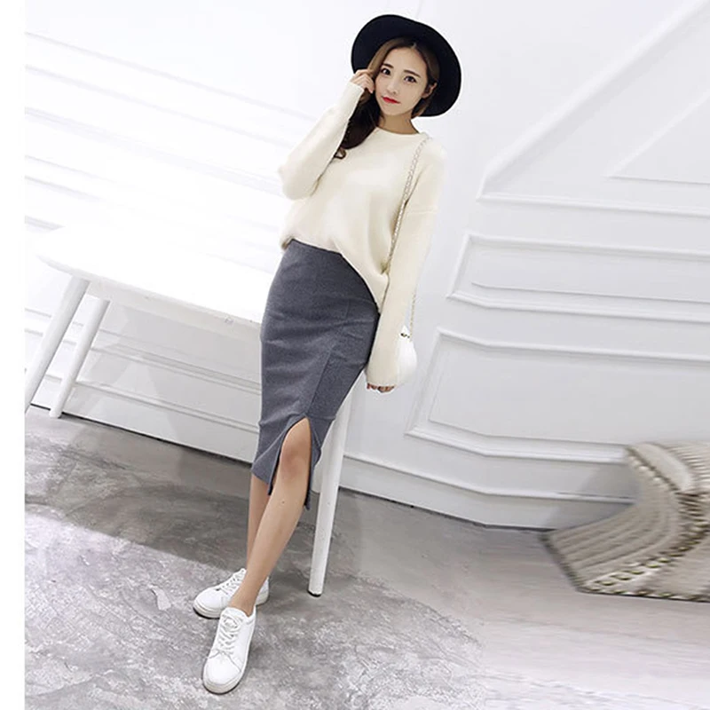 

Bodycon Skirt Women Split Skirt Mid Calf Slim Pencil Skirts For Women Female Knit Hip Sexy Skirt Autumn Winter