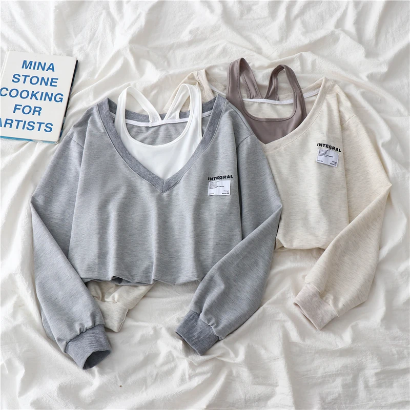 Корейский модный женский короткий Топ без бретелек с имитацией двух частей в