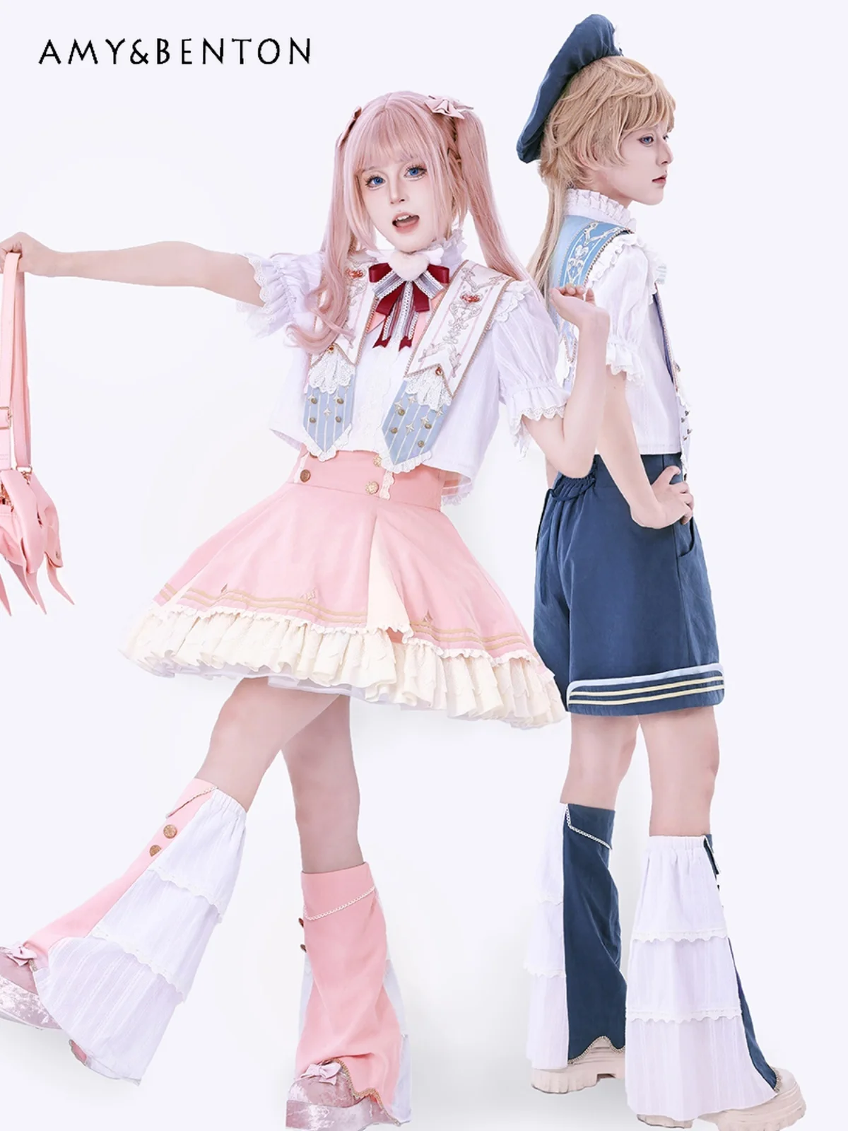 Милая юбка в стиле &quotЛолита&quot Короткая рубашка с бантом и короткими рукавами