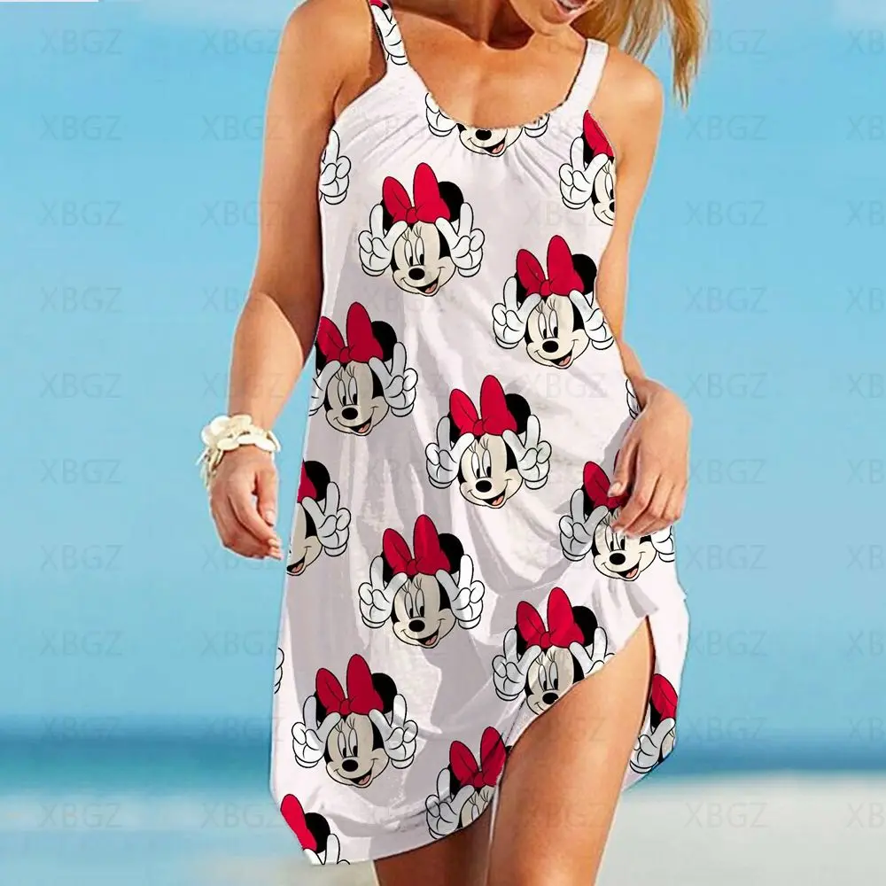 

Beach Dress Summer Dresses Woman 2022 Minnie Mouse Women's Loose Sexy Robe Boho Print Sling Sleeveless Fashion Disney Mickey Top