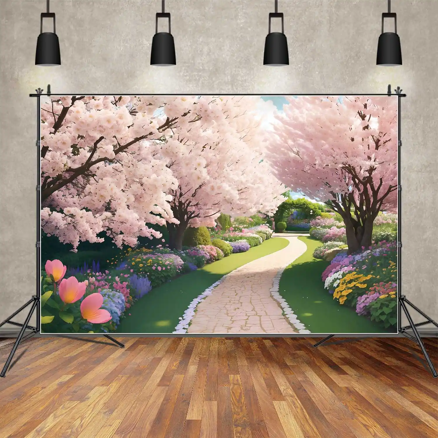 

Spring Pink Blossom Photography Backdrops Decorations Green Grass Field Personalized Baby Photo Booth Photographic Backgrounds