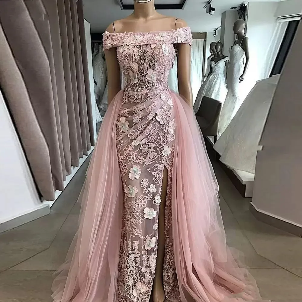 

Pink Evening Dresses Mermaid Off The Shoulder Tulle Lace Slit Long Turkey Dubai Saudi Arabic Long Evening Gown Prom Dress