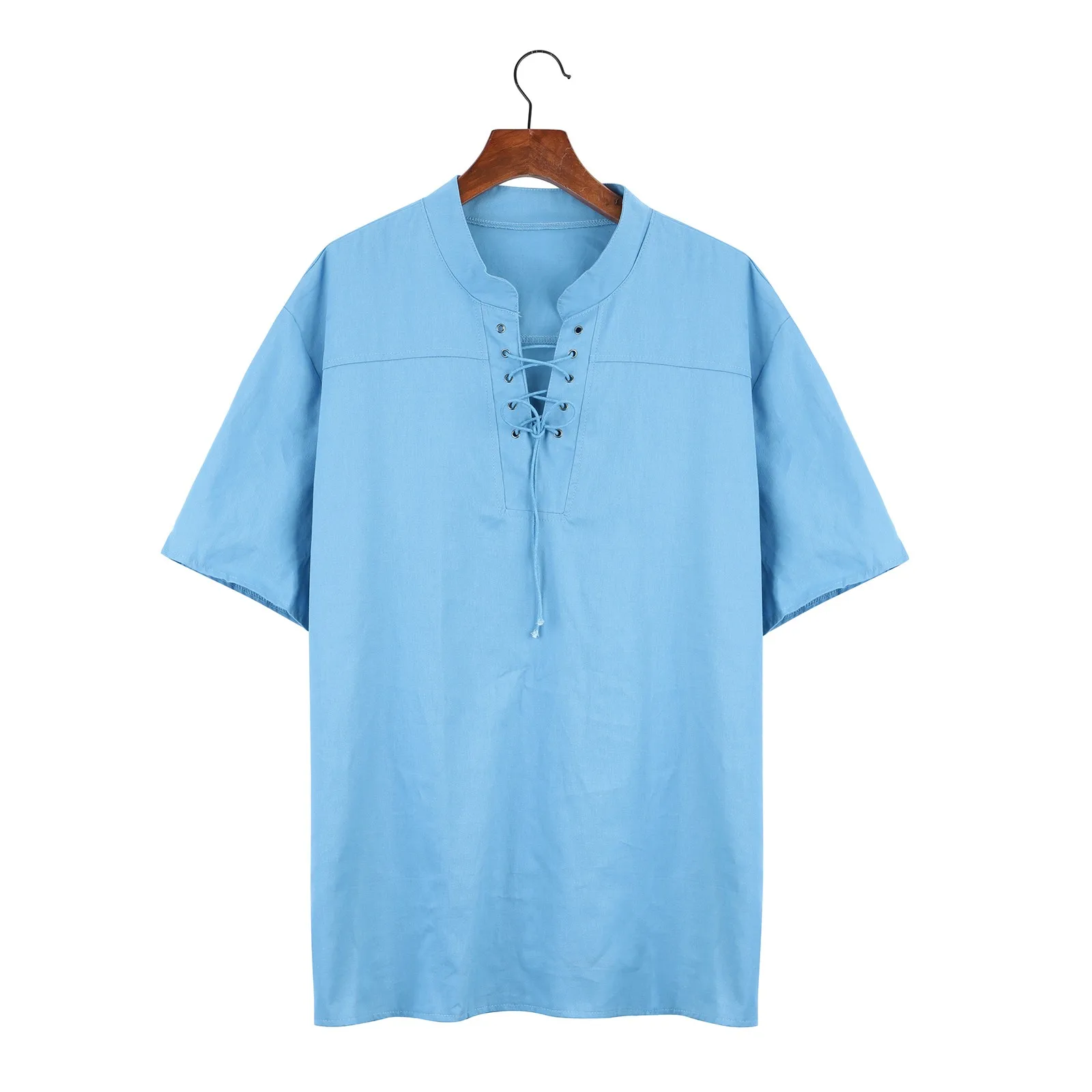 

Men Stripe Shirt Sleeve V-Neck Men's Gothic Lace-up Tie Vintage Short T-Shirt Men Shirts Pack of Men Shirts Zippered Shirt