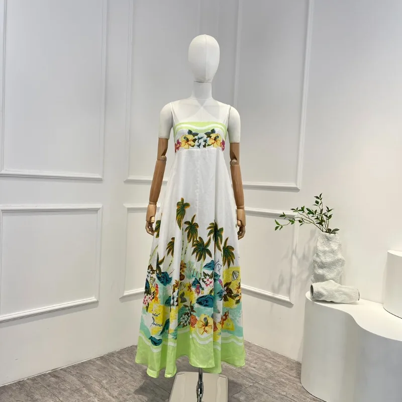 

2023 Summer Women Fashion Linen Beach Style Printing Flora Prairie Chic Salsh Neck Spaghetti Strap Mid-calf Dress