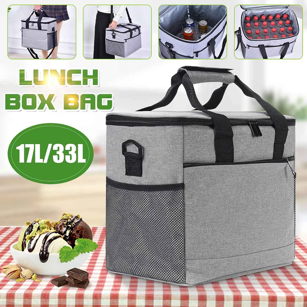 

17/33L Large Thermal Food Cooler Bag Large Capacity Multi-function Lunch Box Waterproof Thermal Cooler Insulated Shoulder Bag