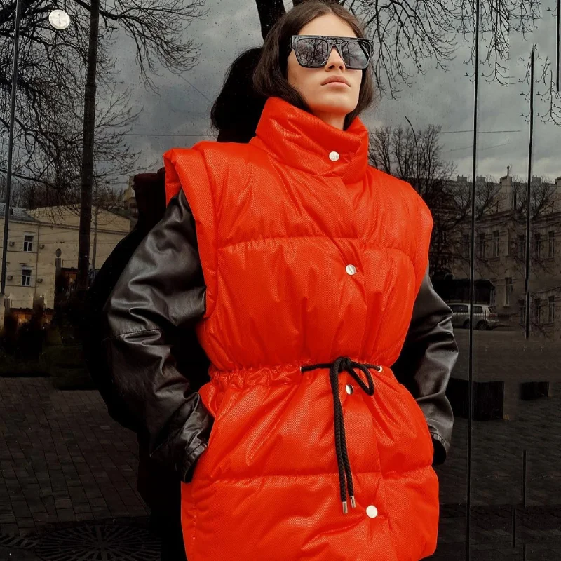 Button Cardigan Waist Tie Elastic Stand Collar Cotton Padded Jacket Womens Sleeve Detachable Cotton Padded Jacket Women