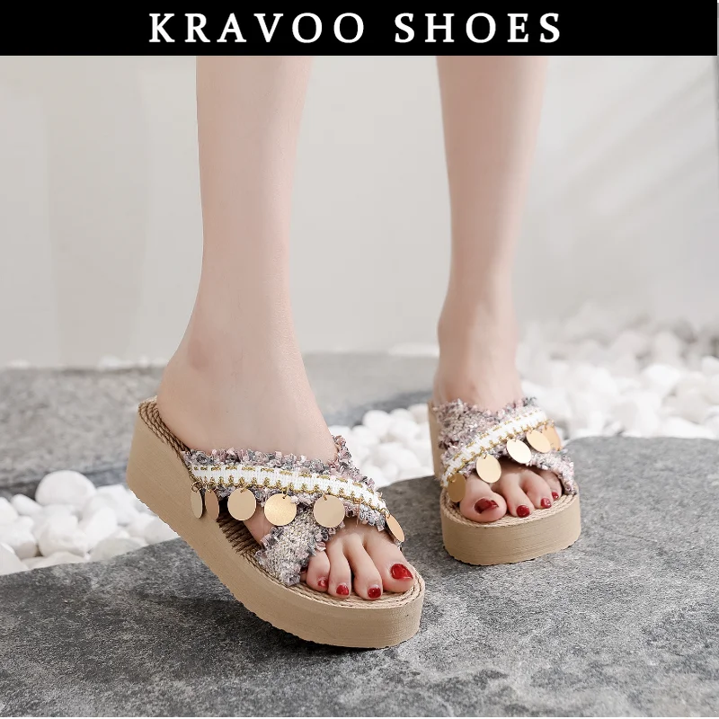 

KRAVOO Platform Shoes Women Bling Wedges Female Slippers Cross Strap Casual Sandals Ethnic Ladies Slipper Beach Peep Toe 2023