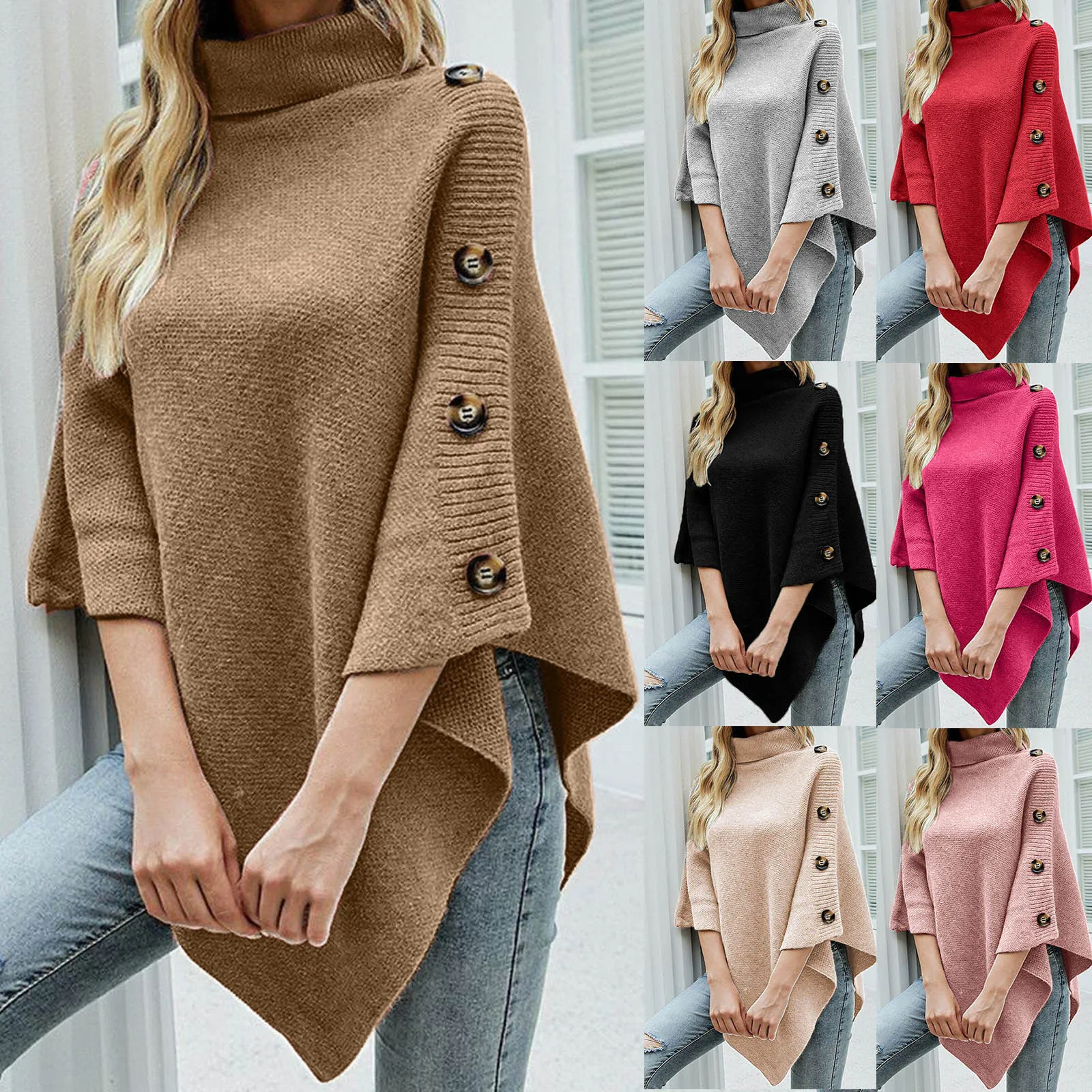2022 Winter Button Poncho Women Sweater Oversize Turtleneck Jumper Knitwear Holiday Vintage Cape Batwing Sleeve Wrap Ponczo Gift