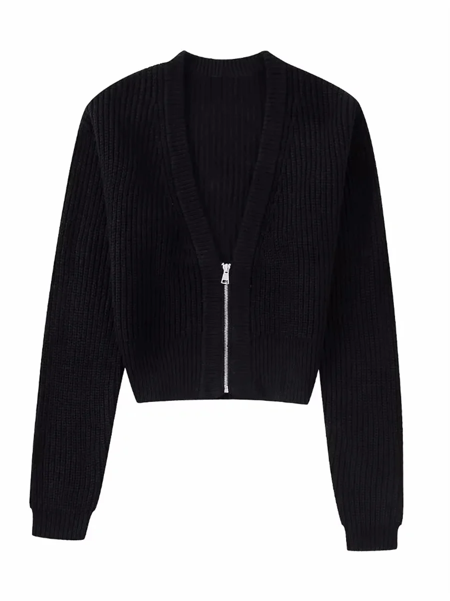 

Женский трикотажный свитер на молнии спереди, с V-образным вырезом