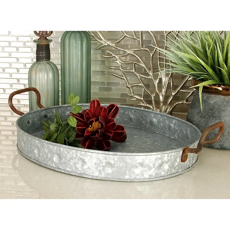 

19", 18"W Gray Metal Galvanized Tray with Rust Handles, 3-Pieces