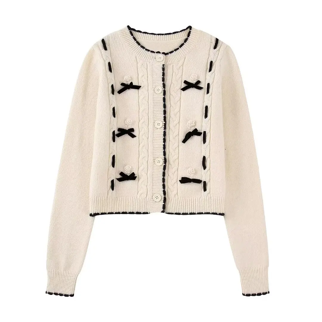 Fashion Chic Women Flowers Bow Twist Knitted Cropped Cardigan Sweater Vintage O Neck Long Sleeve Female Outerwear Casual Tops