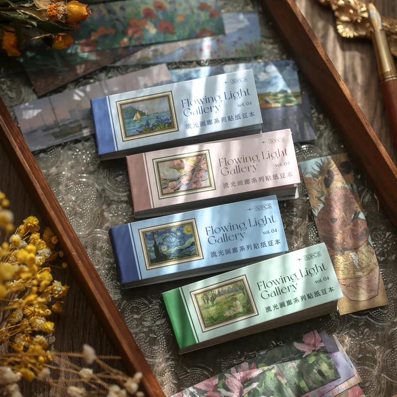 

50pcs Streamer Gallery Washi Sticker Beanbook Retro Oil Painting Style Van Gogh Starry Sky Bullet Journaling Accessories Sticker