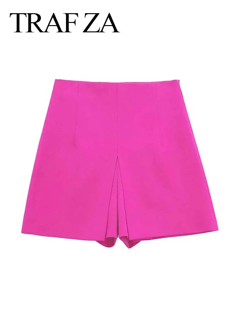 Летние модные женские шорты TRAF ZA юбка с разрезом однотонные розово-красные