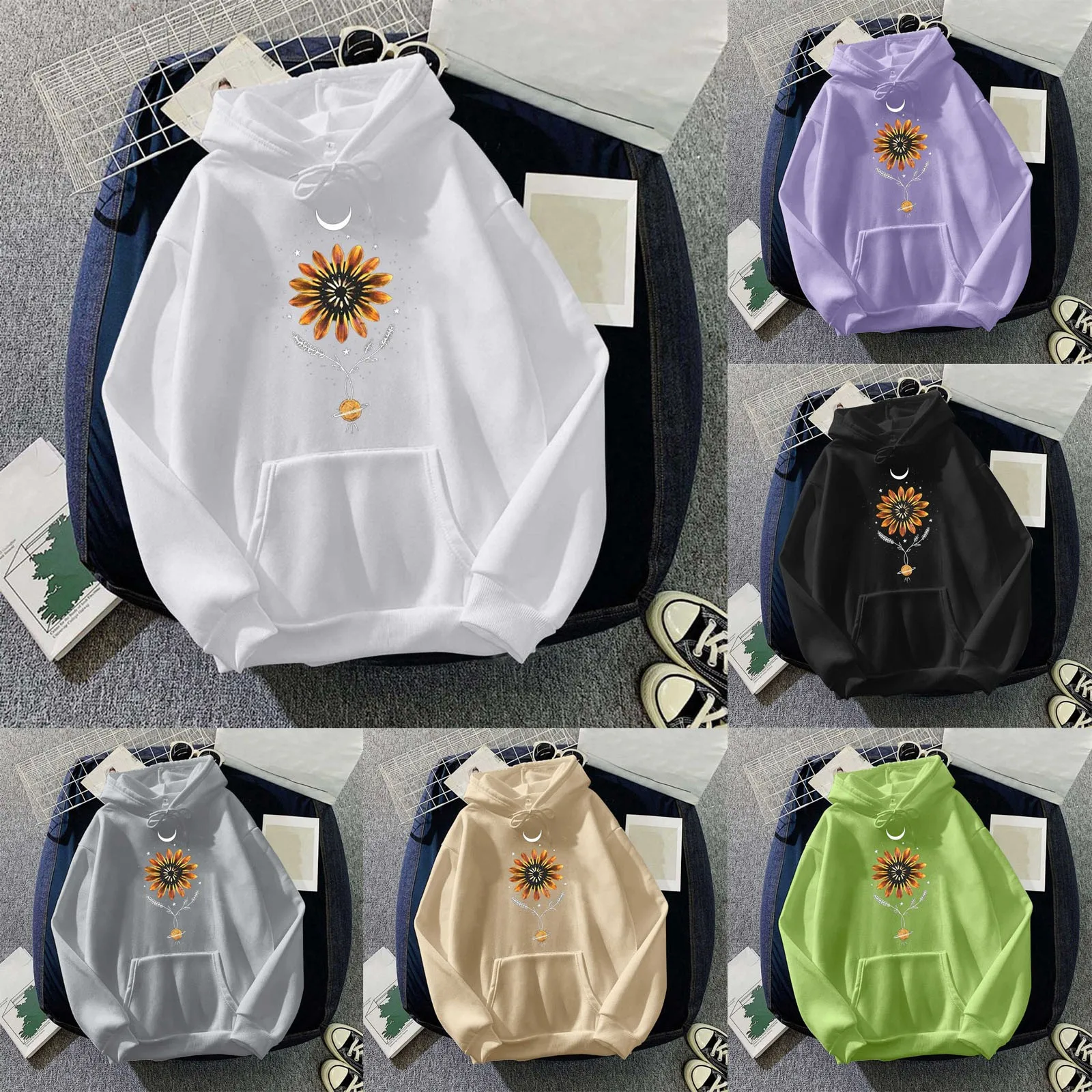 

Women's Long Sleeve Everyday Print Sweatshirt Long Sweatshirt Hooded Drawstring Sweatshirt Print Hoodies Cotton Women