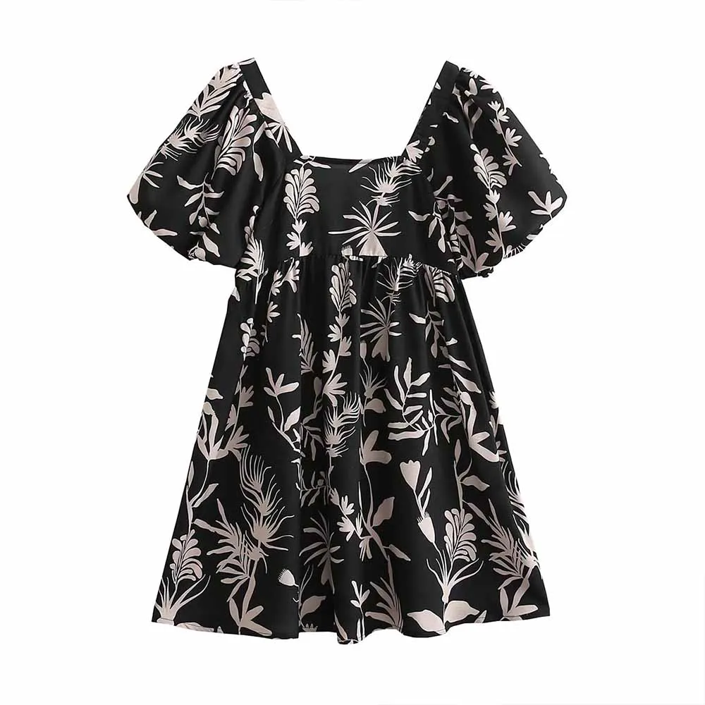 

URMASZA2022 women's spring and summer new fashion black printed cotton and linen style short sleeves summer dress women 2022