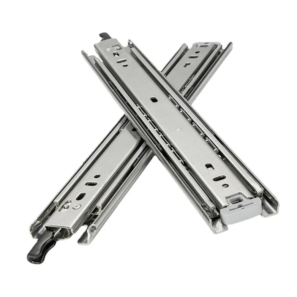 51mm Drawer Slide Safety Lock Rail Heavy Duty Vehicle Furniture Slider 68KG Capacity Ball Bearing Three Fold Full Extension