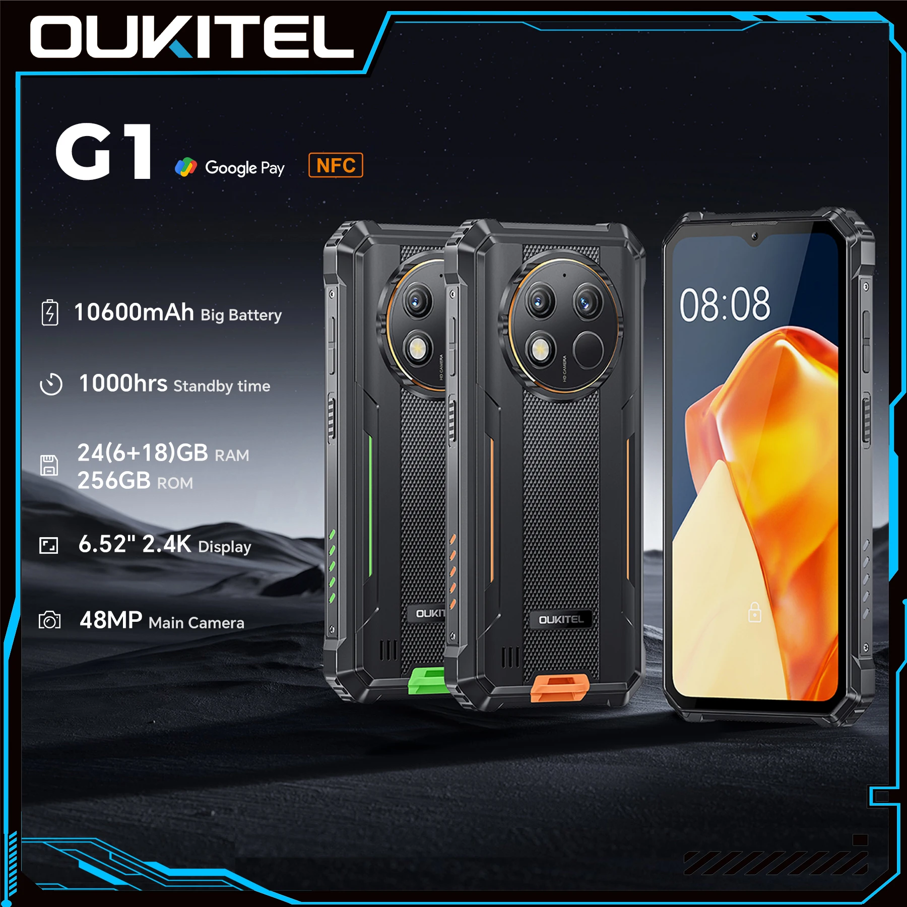 Прочный телефон OUKITEL G1 — 10600 мАч, 24 (6 + 18 ГБ + 256 ГБ