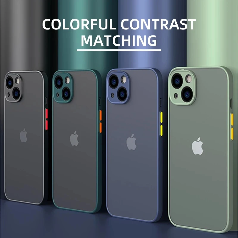 Shockproof Matte Phone Case For iPhone 13 11 14 Pro Max 12 Mini X XR XS 7 8 14Plus SE Luxury Silicone Bumper Clear Hard PC Cover