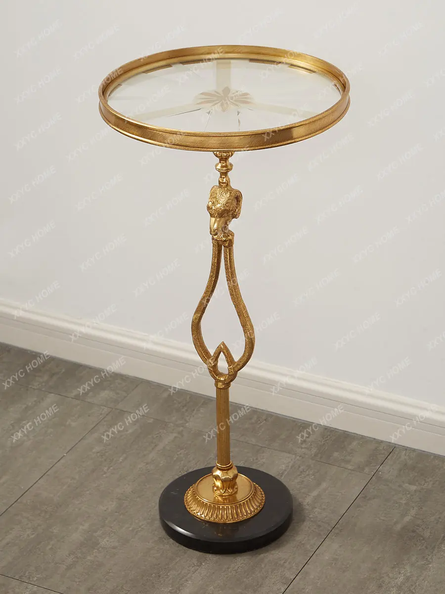 

Retro Affordable Luxury Copper Leisure Balcony Tea Small round Side Table Art Glass Side Table Corner Table Small Coffee Table