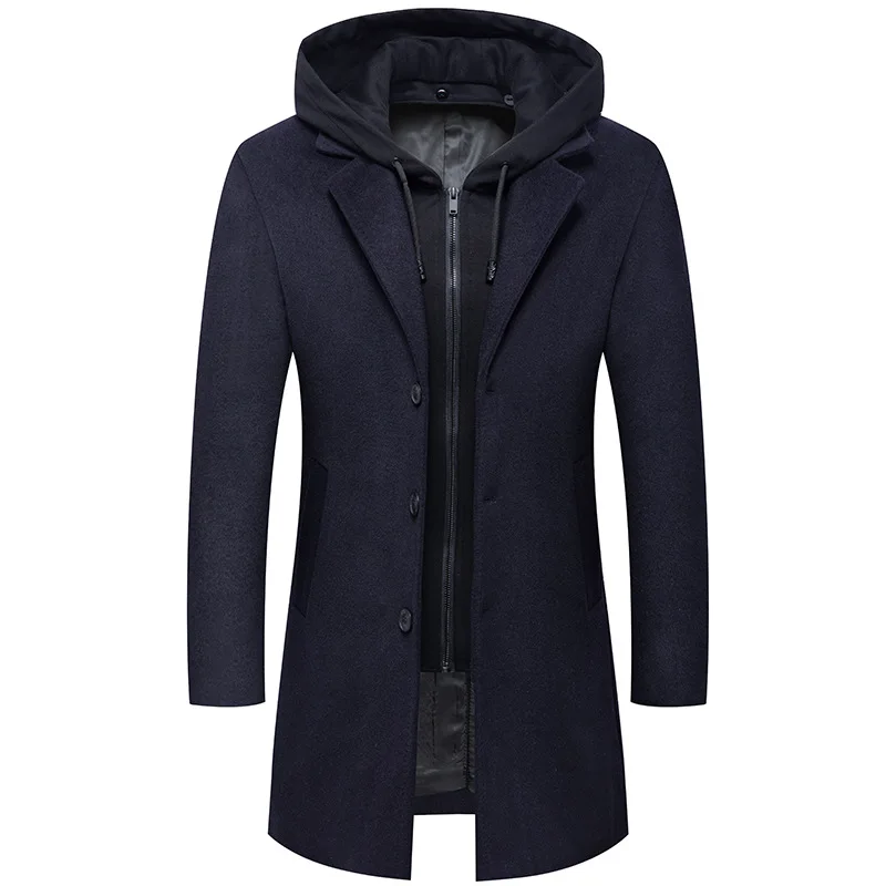 New Hooded Wool Coat for Men Autumn Winter Warm Thickened Jackets with a Detachable Hood Fashion Casual Single Breasted Overcoat
