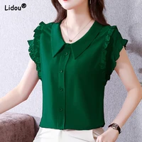 solid color office lady summer petal sleeve straight loose blouses fashion turn down collar button thin comfortable tops women