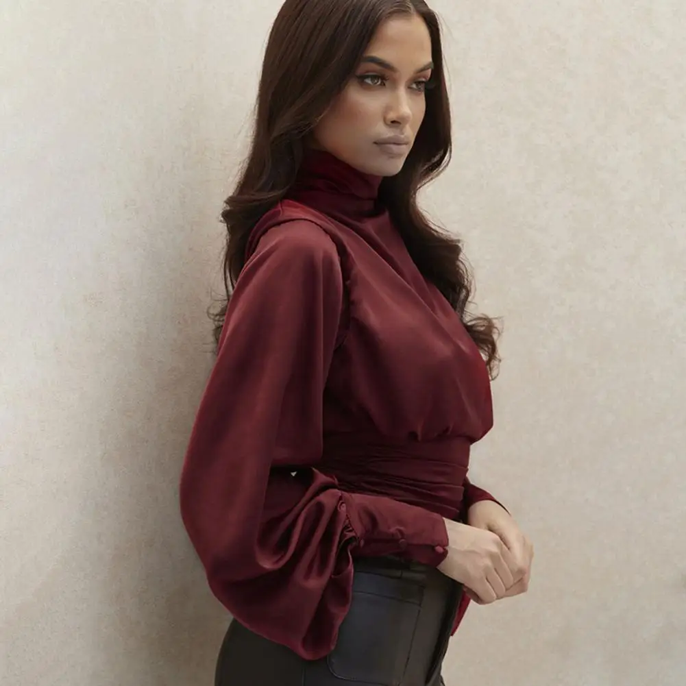 

Club Blouse High Collar Women Top Draped Long Sleeves Club Blouse