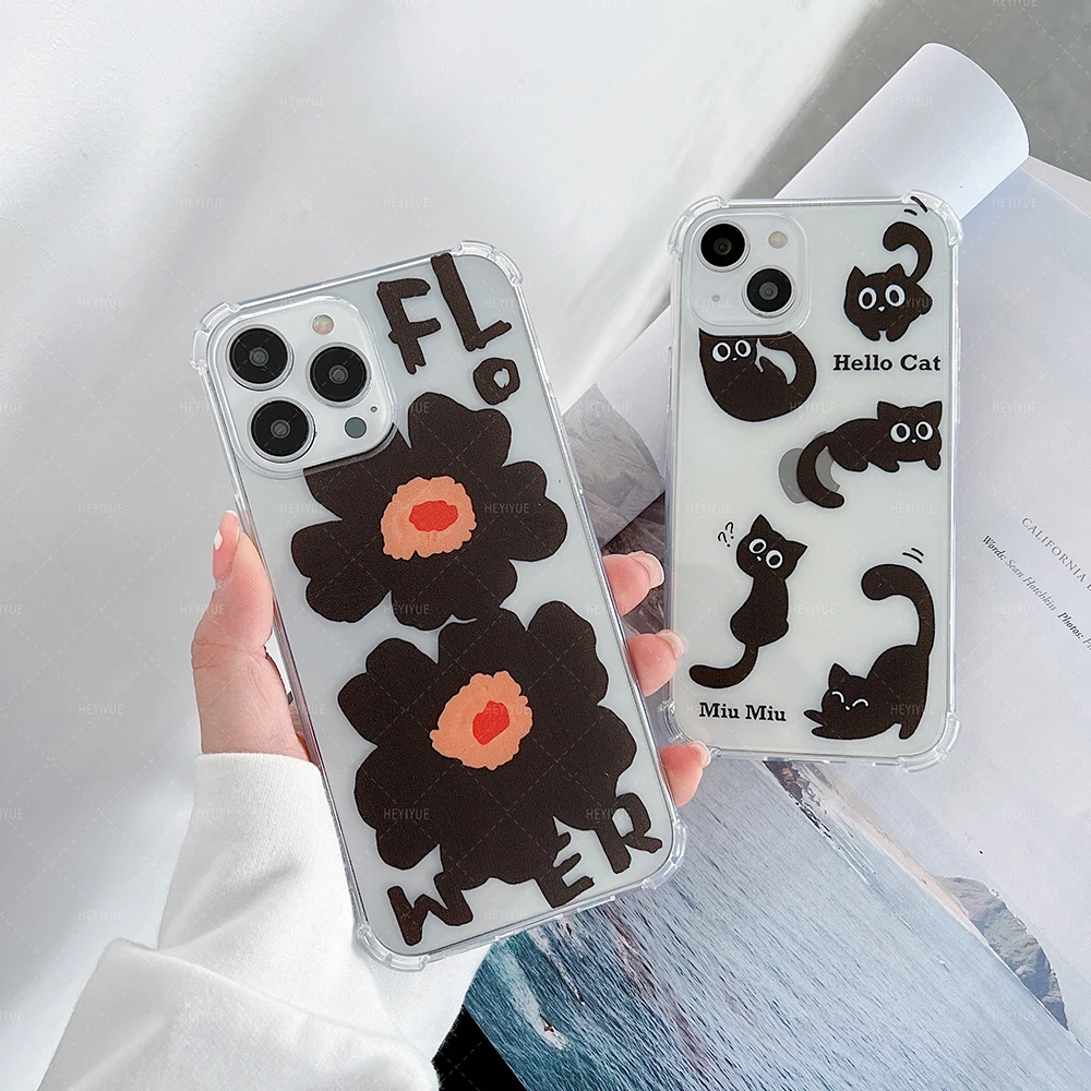Прозрачный мягкий чехол для телефона из ТПУ с изображением черного кота и цветов