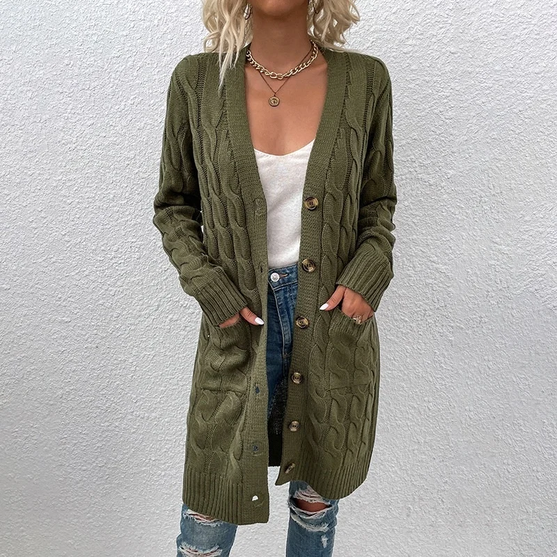 

8 Colors S-XL Knitted Street Wear Loose Sweater Coat With Pocket Fashion Women Twists Front Button Cardigans Long Knitwear Cloak