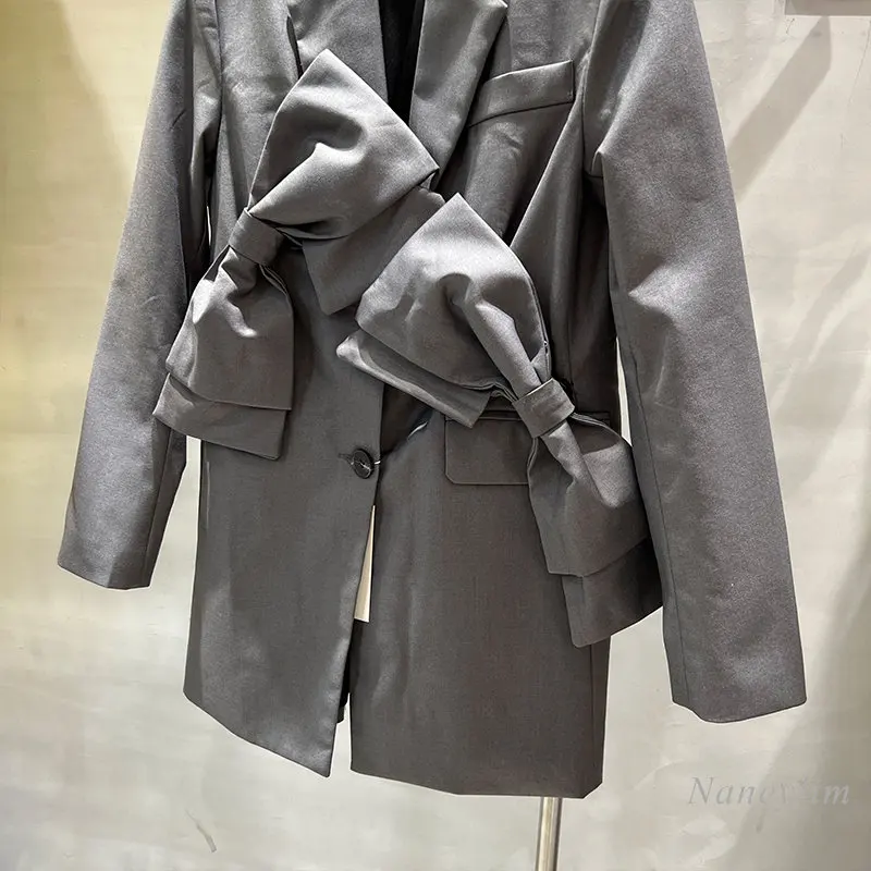 2023 Spring New Fashion Bow Grey Blazer for Women Elegant Professional Women Suit Jacket Ins Ladies Coat Outwears Long Coats