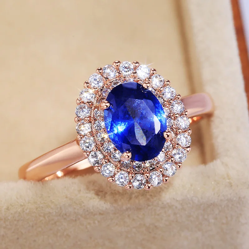 

ZHIXUN Fashion Oval Deep Blue Stone Women Wedding Bridal Rings Rose gold Color Gorgeous Engage Ring Mother’s Gift Noble Jewelry