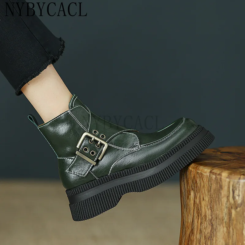 New Women Ankle Boots Fashion Design Metal Buckle Sewing Genuine Leather Thick Heels Autumn Winter Working Shoes Woman Fashion
