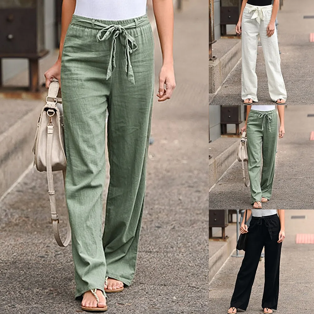 

2022 Linen Cotton Pants Women Summer Solid Color Elastic Waist Belt Wide Leg Casual Lace Up Straight Pants Female Loose Trousers