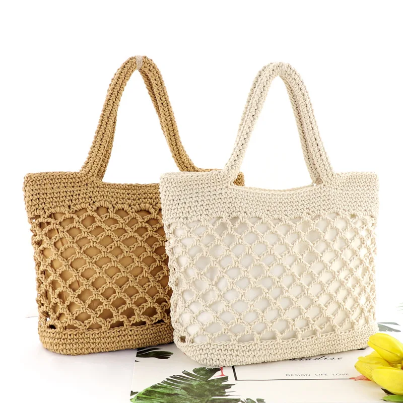 

2022 New Net Pocket Cotton Rope Chain Buckle Hand Woven Straw Bag Casual Women's Beach Bag Woven Bag
