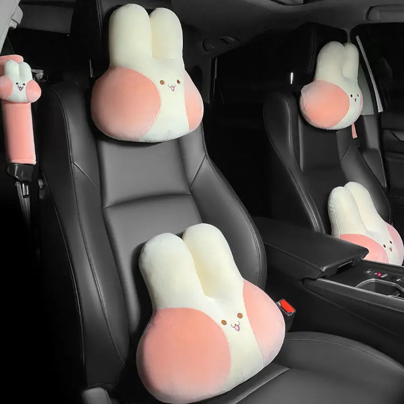 

Cute Rabbit Car Neck Plush Headrest Pillow For Travel Sleeping Lumbar Support Seat Back Waist Cushion Universal Car Accessories