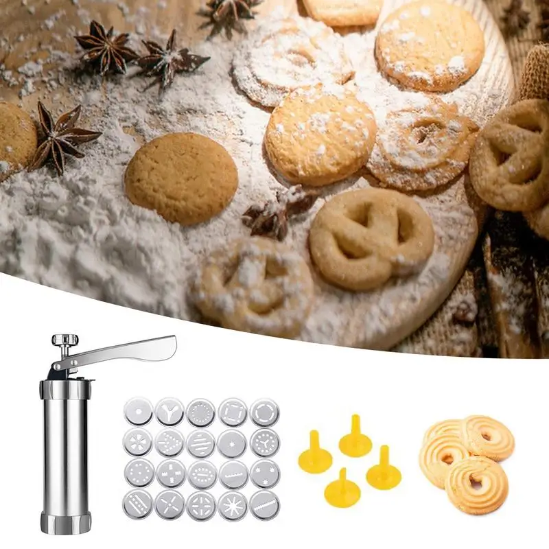 

Cookie Press Machine With 20 Discs 4 Icing Stainless Steel Biscuit Extruder Press Cookie Kit Set Biscuit Maker Baking Supplies