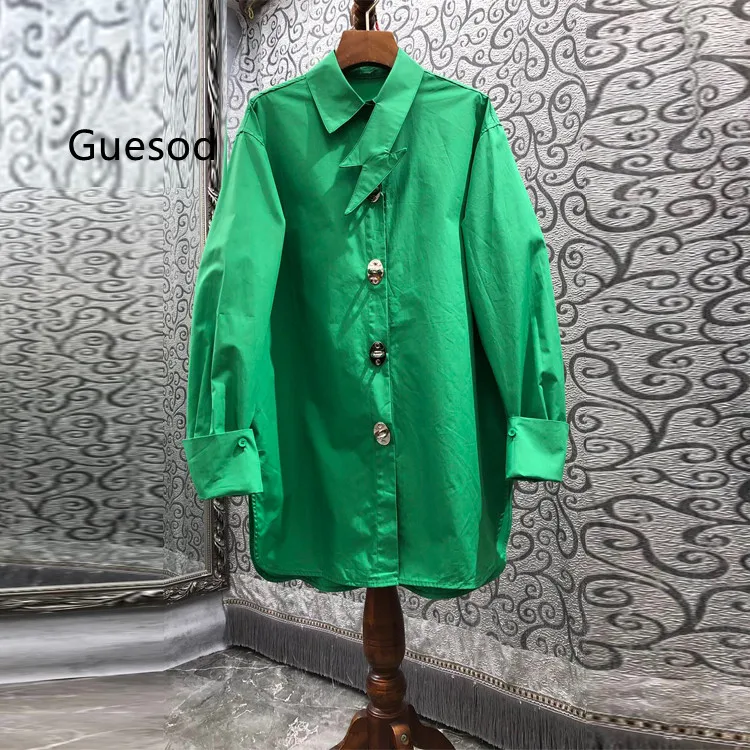 Women Cotton Blouse 2022 Female Asymmetrical Collar Metal Button Long Sleeve Loose Long Blouse New