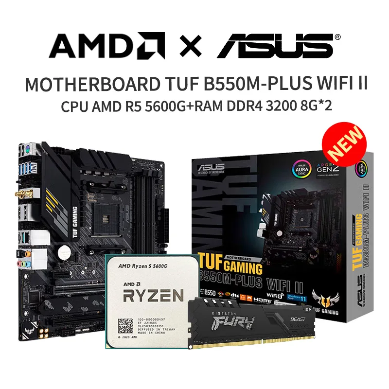

New ASUS TUF Gaming B550M-PLUS WIFI II Motherboard + AMD R5 5600G CPU Suit Socket AM4 + Kingston Fury DDR4 3200MHz 8G*2 Memory