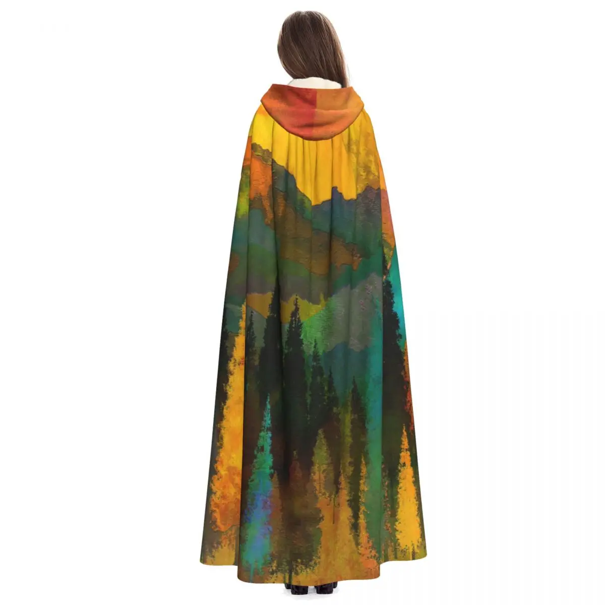 Длинная накидка плащ С закатом и рисунком лесного дерева с капюшоном пальто