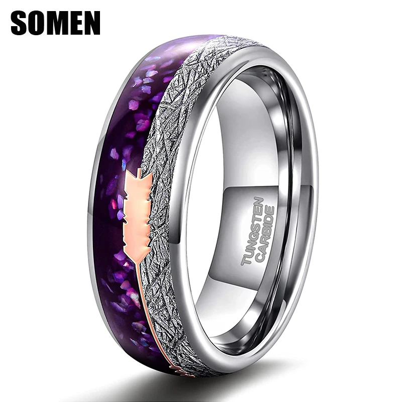 

Somen 8mm Tungsten Wedding Band Ring for Men Women Rose Gold Arrow Purple Agate & Meteorite Domed Engagement Rings High Polished