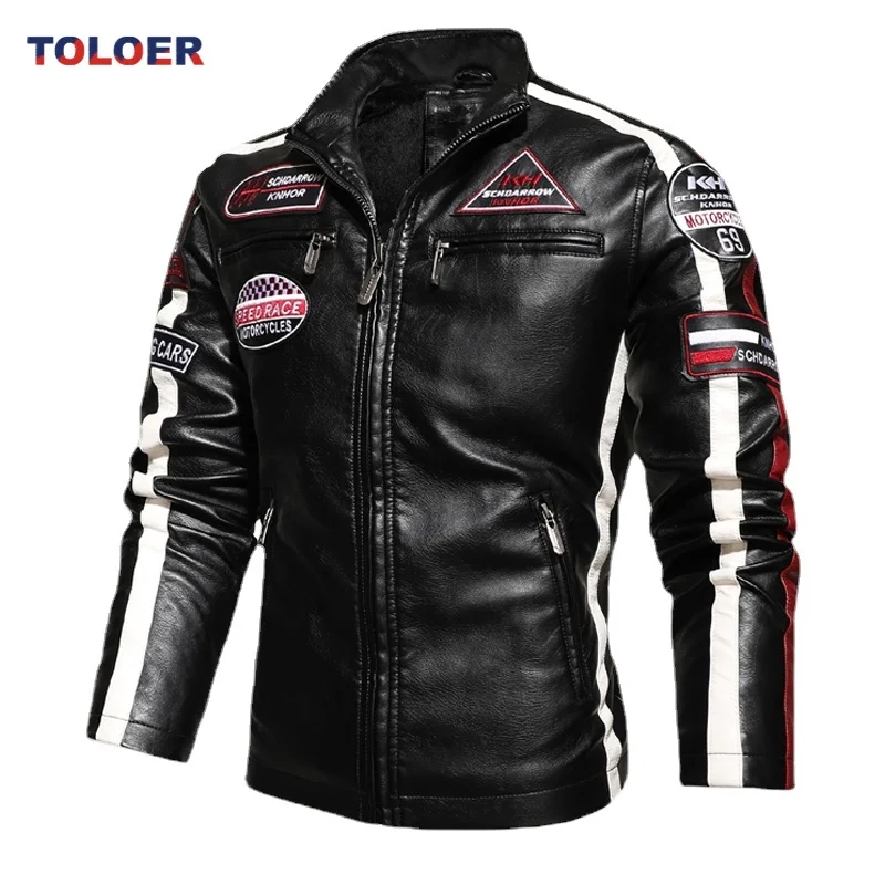 

Mens Fashion Casual Biker Leather Jacket Man Vintage Motorcycle Jackets Male Embroidery Bomber Winter Fleece PU Leather Jackets