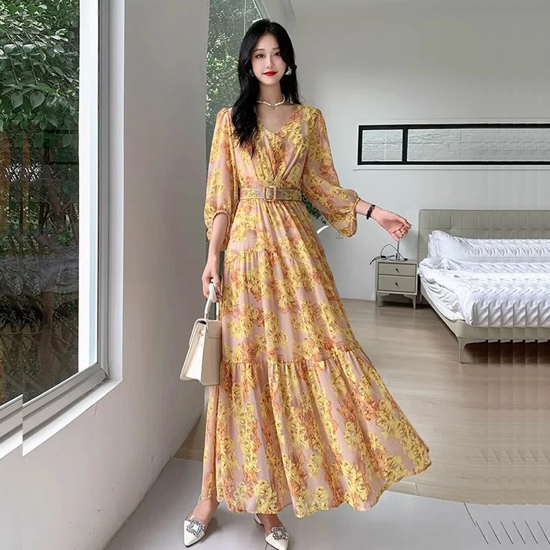 

Женское шифоновое платье средней длины, платье с V-образным вырезом, высокой талией и широким рукавом-фонариком, платье с цветочным принтом, весна-лето 3/4