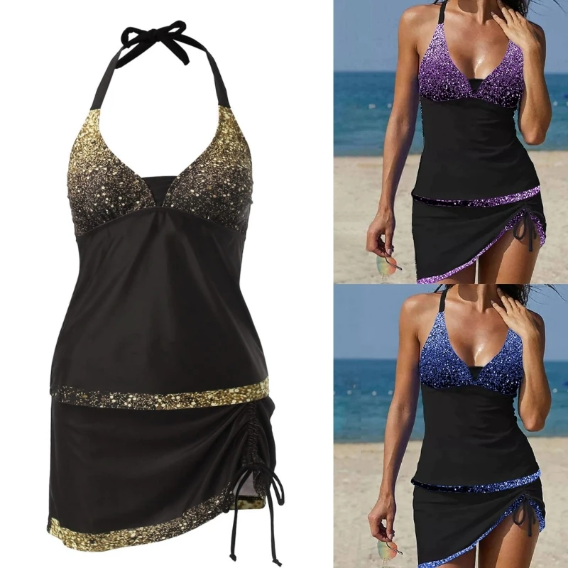 

Women 2-Piece Ruffled Swimsuit Push Up Bikini Swimwear High Waist Tankinis Set Spaghetti Straps Bathing Suit with Skirt
