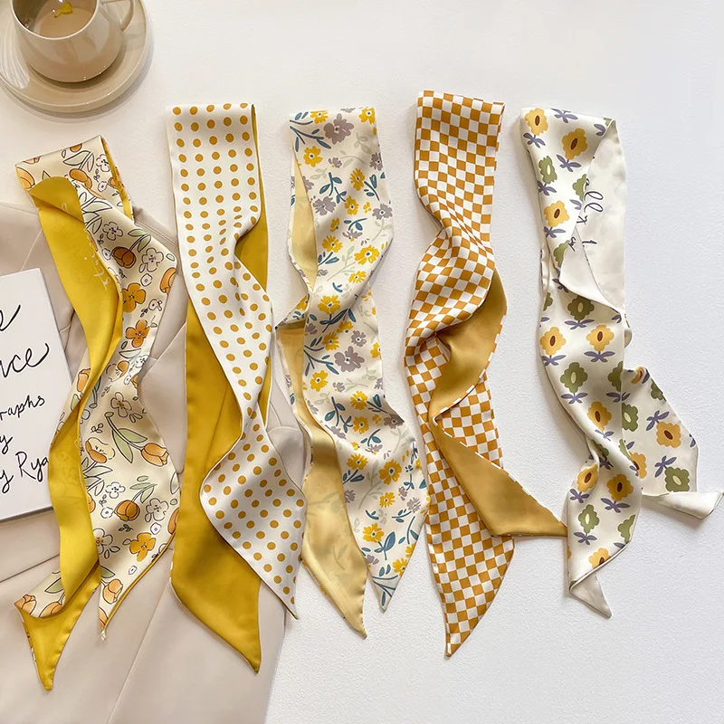 

Yellow Geometry Checkerboard Polka Dots Print Scarves Sunflower Tulip Narrow Neckerchief Tie Hair Band Skinny Long Scarf Soft