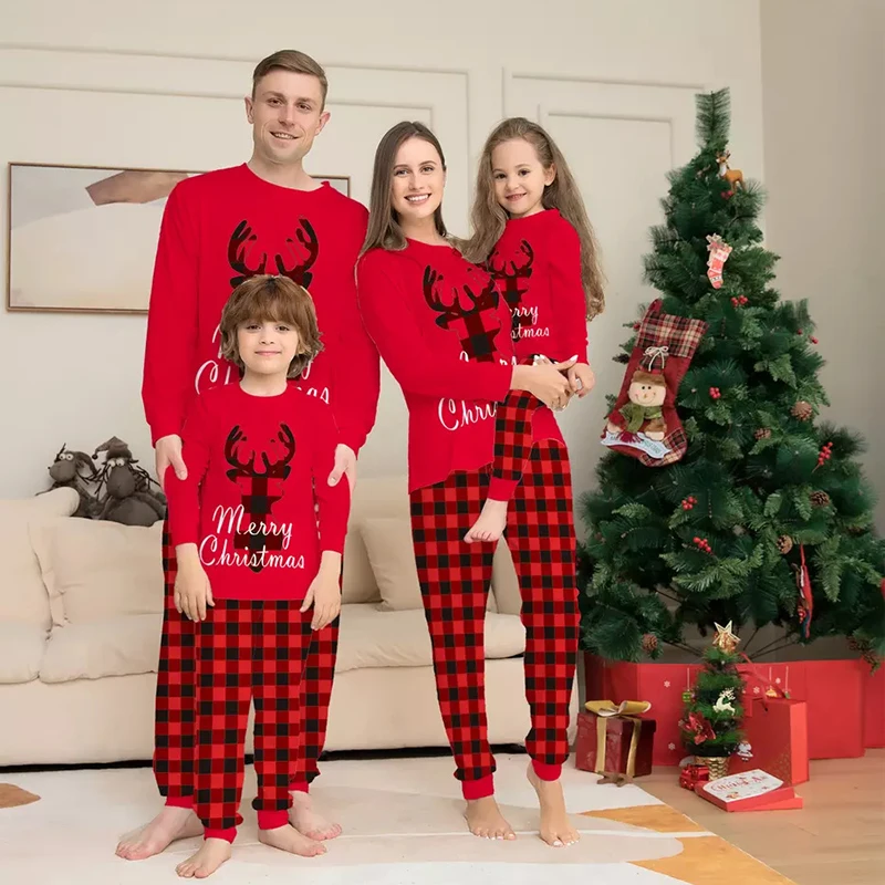 

Christmas Parent-child Suit Pajamas Sets Family wear Women Men Red Lattice Elk Printing Sleepwear Pyjama Long sleeve Festival