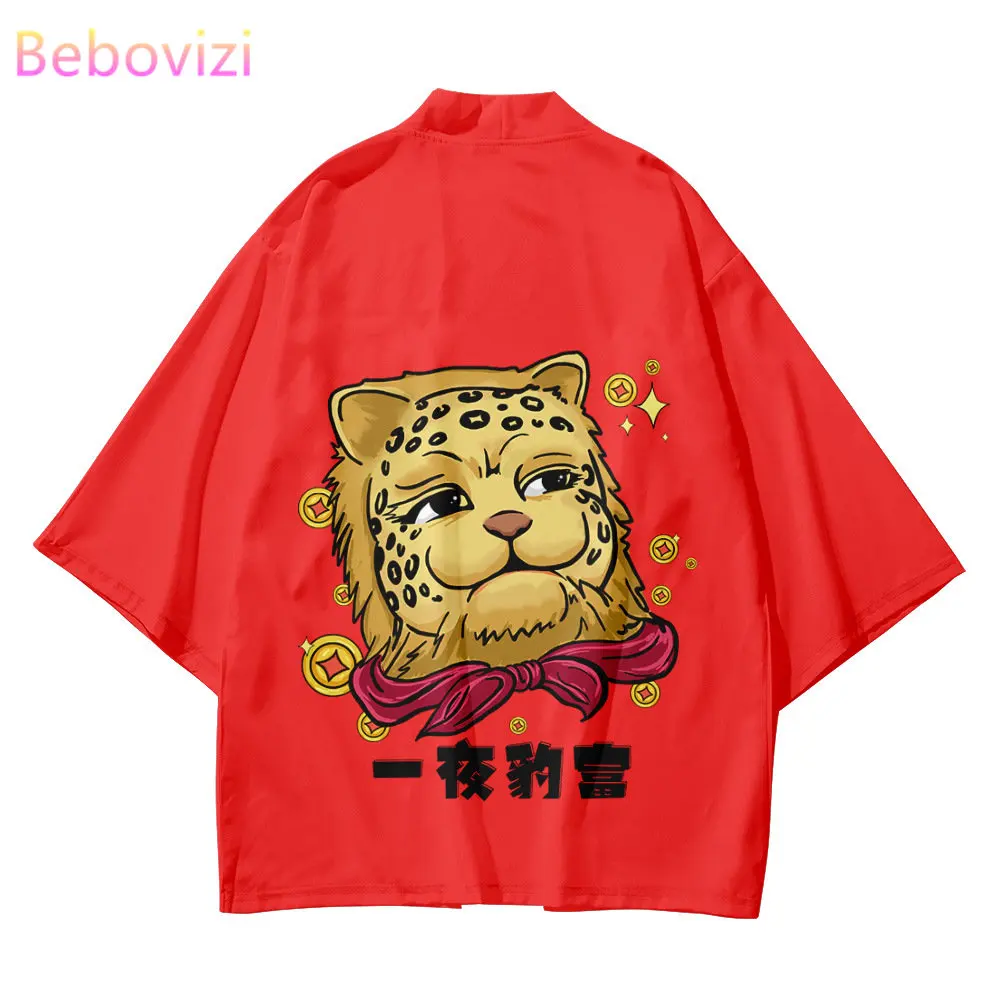 

Fashion Funny Leopard Print Red Kimono Casual Beach Cardigan Tops Women Men Streetwear Haori Asian Clothing