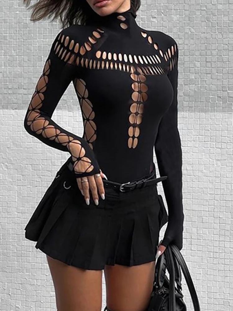 Goth Dark Cyber Y2k панк сексуальные открытые боди готическая одежда черная водолазка
